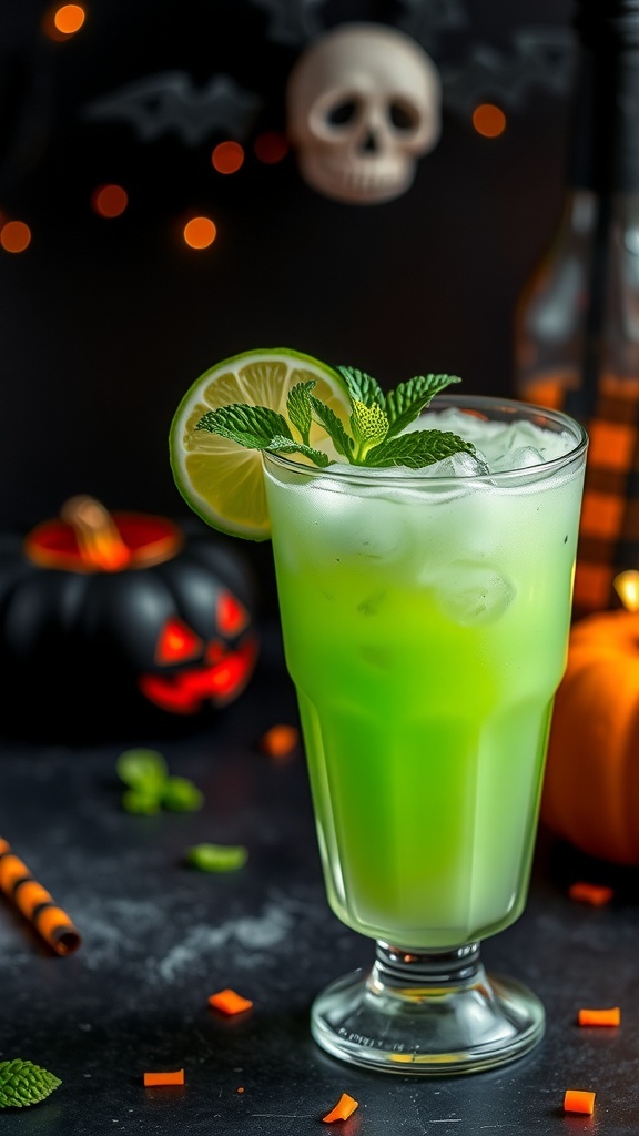 A vibrant green honeydew mocktail with mint and lime, served in a glass with ice, set against a Halloween-themed backdrop.